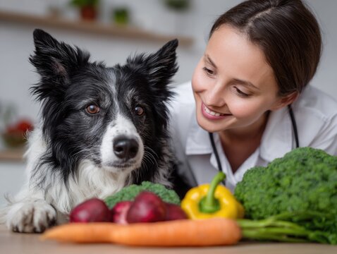 Pet nutritionist choosing food for a dog, sitting with a dog smiling. AI generated