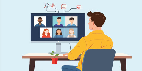 Remote Work Concept: Professional Man Participating in Virtual Team Meeting and Digital Collaboration via Video Conference