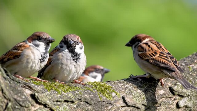 Two sparrows perched on a mossy tree branch in sunlight
