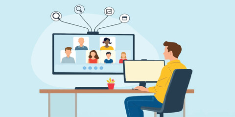 Remote Professional Working From Home Office Engaging in Global Video Conference Call and Digital Team Collaboration