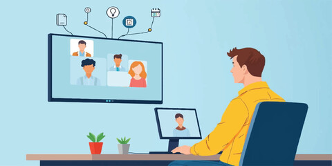 Professional Remote Work Illustration: Man Hosting Virtual Team Meeting and Video Conference via Home Office Setup