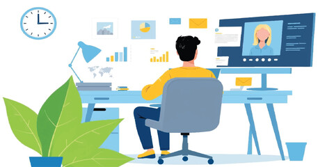 Remote Work and Digital Nomad Concept Illustration: Freelancer in Home Office with Video Call and Data Analytics Charts