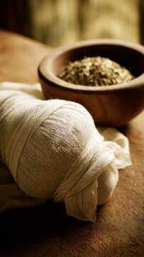 poultice. Herbal poultice wrapped in linen cloth beside a wooden bowl of dried herbs, natural remedy concept. menu design.
