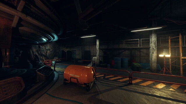 industrial staging area lit by overhead spotlights, crates and pallets arranged on concrete floor, packaging material scattered, automated forklift path marked