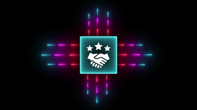 Futuristic digital handshake icon with glowing neon lights, smart contract concept neon animation.