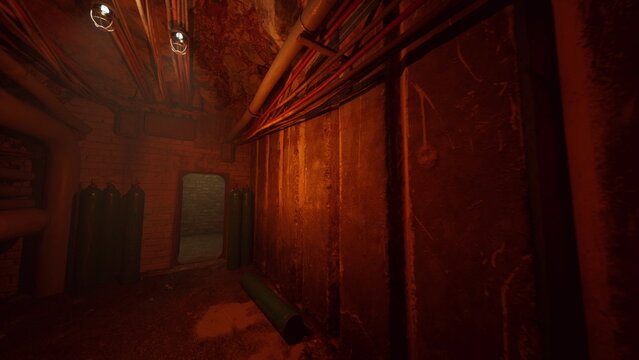 steamfilled service corridor with corroded pipes and damp floor, atmospheric maintenance route showing leaks, condensation and industrial texture