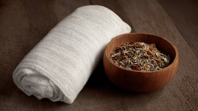 poultice. Herbal poultice wrapped in linen cloth beside a wooden bowl of dried herbs, natural remedy concept. menu design.
