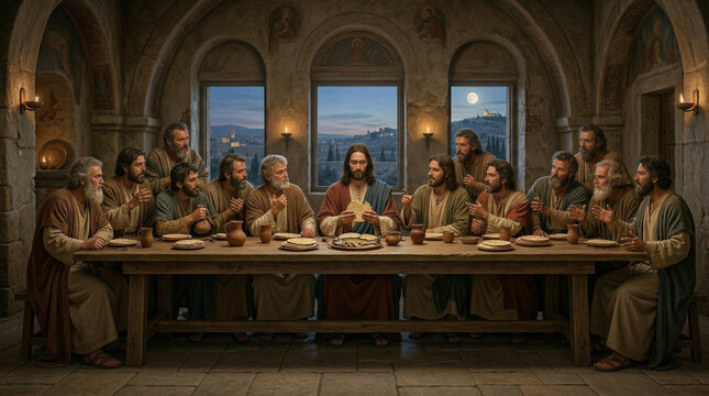 The Last Supper, classic biblical scene, depicting Jesus and disciples at a table, dramatic lighting