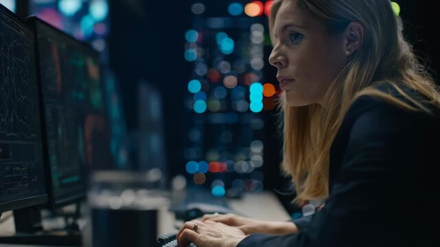 Medium shot of AI system identifying unusual behavior patterns on screens to prevent digital security breaches with realtime alerts.
