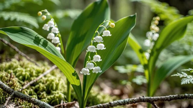 Close-up of delicate white bell-shaped flowers with lush green leaves growing in a forest