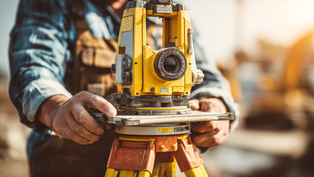 A construction surveyor is adjusting the total station equipment. Concept of theodolite equipment.