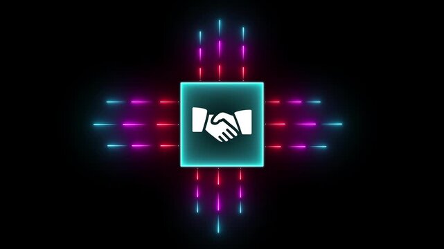 Futuristic digital handshake icon with glowing neon lights, smart contract concept neon animation.