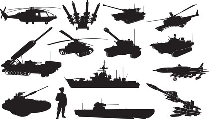 Obraz premium Modern Military Warfare and Defense Systems Vector Silhouette - Army, Navy, Air Force Weapons and Vehicles Icons Set
