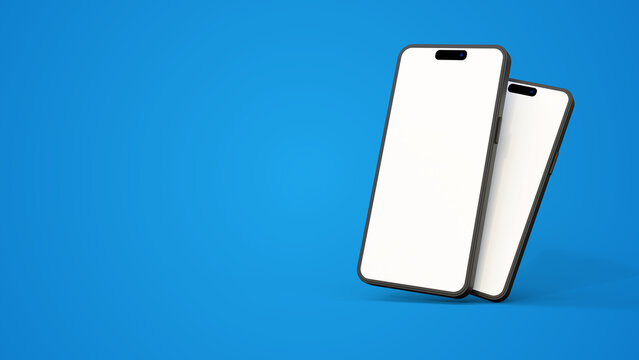 Blank screen smartphones mockup isolated on a blue background with space for text. Two smartphones are floating.