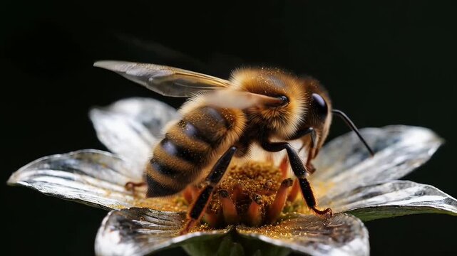 Bee pollinating flower close-up with vibrant detail natural lighting
