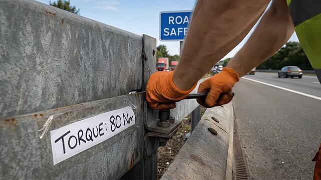 Worker tightening highway guardrail bolt with torque wrench and torque label visible, orange gloves gripping wrench, barrier maintenance near road safety sign showing focused roadside worker safety