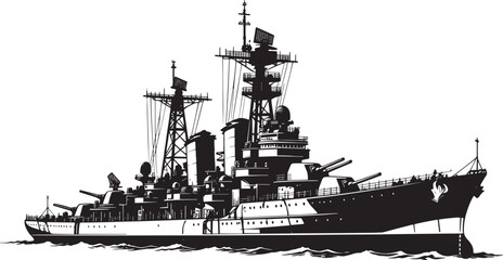Black silhouette detailed battleship warship with large gun turrets masts radar superstructure bridge smokestacks side view on waves, naval military vector illustration for history navy designs logos © MdArfin