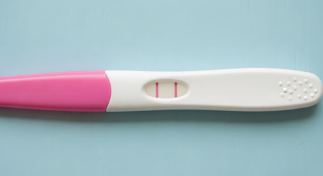 Positive Pregnancy Test with Two Pink Lines on Blue Background Concept of Pregnancy. Generative AI