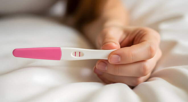 Woman Hand Holding Positive Pregnancy Test with Two Red Lines in Bed. Generative AI