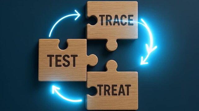 Wooden puzzle pieces labeled test trace treat connected circular workflow with glowing arrows and blue arrows indicating continuous trace test treat cycle puzzle concept showing public health testing