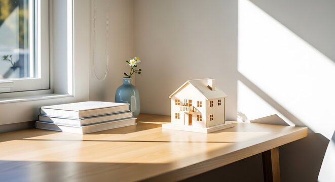 Small Wooden House Model on Sunny Desk Near Window