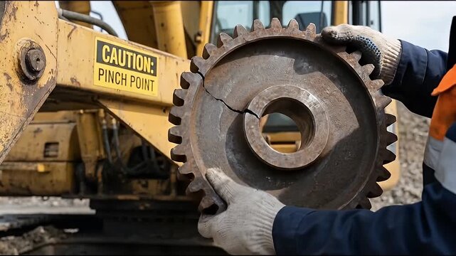Worn cracked gear held by gloved hands near heavy construction machinery, inspection of cracked gear conveying industrial repair, safety sign and focused worker effort in gritty heavy equipment scene