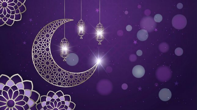 Purple islamic celebration background with golden moon and hanging star motifs