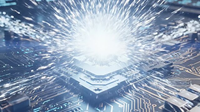 Futuristic AI-Driven CPU with Glowing Data Streams - A futuristic CPU is depicted with glowing streams of data flowing through an intricate circuit board.