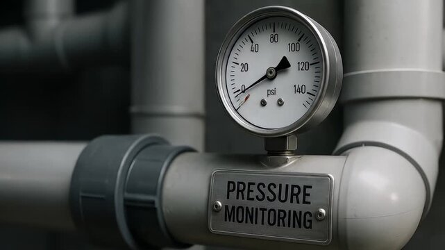 Pressure gauge industrial pipe for pressure monitoring close up of metal gauge and plumbing showing maintenance and safety. pressure gauge industrial pipe monitoring system showing psi dial and metal