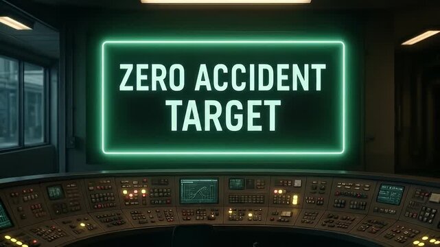 Zero accident target neon sign glowing above industrial control room console safety message dim operations center inspiring vigilance focus motivating careful operation hazard prevention workplace
