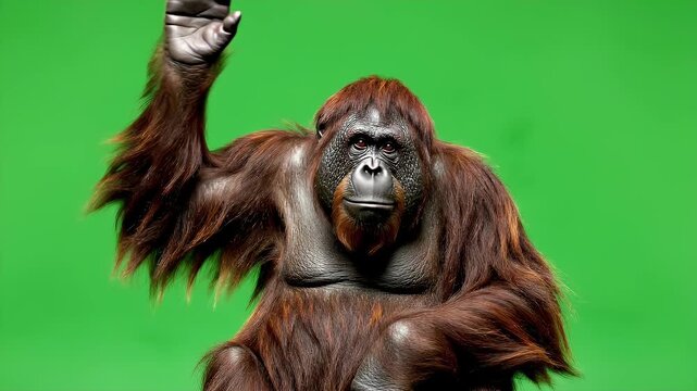 Orangutan Raising Arm on Green Screen - A realistic-looking orangutan sits and raises its arm, looking directly at the viewer.