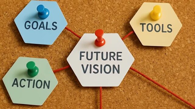 Future vision concept cork board with connected hexagon notes labeled goal tool action strategy pushpin note pinned with red string to goals tools action expressing motivation planning determination