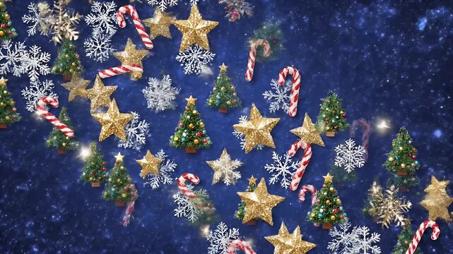 Christmas Icon Repeating Pattern on Blue - This video features a repeating pattern of Christmasthemed icons, including Christmas trees, stars, snowflakes, and candy canes, set against a deep blue