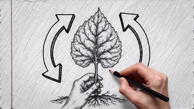 Regenerative Agriculture Hand Drawn Illustration - A hand drawn line art animation on white paper texture illustrates regenerative agriculture. Rotating arrows circle a plant leaf held in a hand.