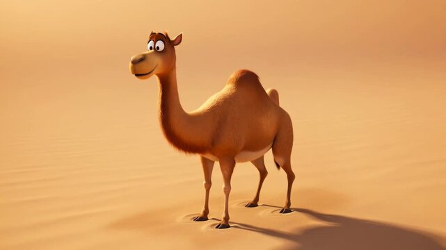 Adorable animated camel character in desert sands with a warm orange palette for childrens education and entertainment projects