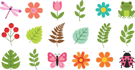 Cute Garden Nature Elements Collection with Flowers Leaves Frog Butterfly and Ladybug Vector Illustration Set © Sufea
