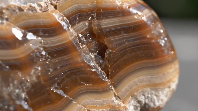 Shiny brown banded agate gemstone with natural crystal formations