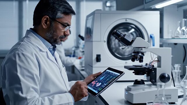 Scientist Analyzing Data in Laboratory - A scientist in a lab coat is examining test results on a tablet. A microscope and centrifuge are nearby, suggesting a professional research environment.