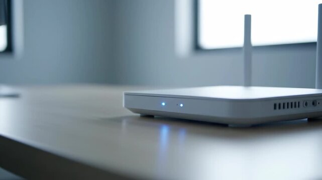 Wireless router modem with blue lights on desk for internet and technology concept.