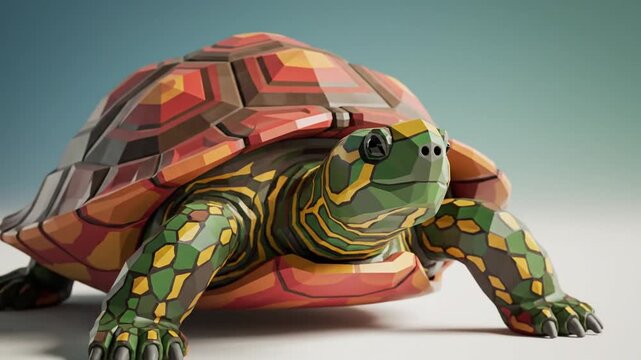 Stylized geometric turtle with colorful shell on simple background