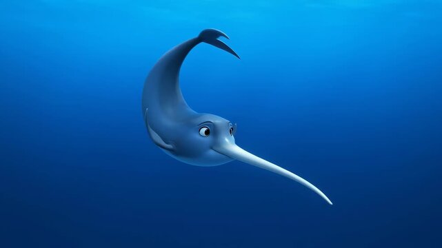 Cartoon narwhal swimming smoothly in deep blue ocean water animation rendered in high quality