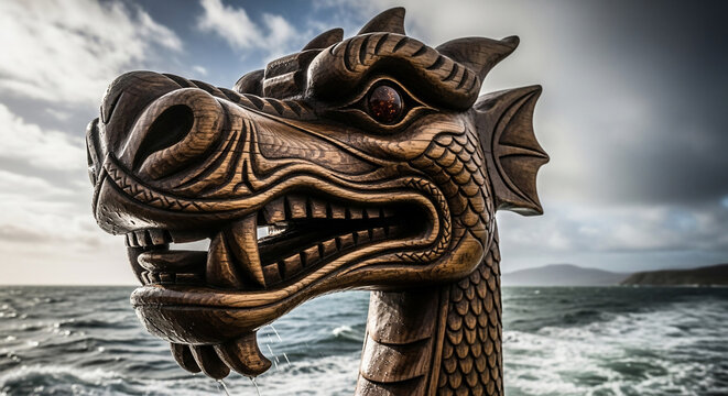 Viking Ship Dragon Head: An imposing, intricately carved dragon head from a Viking ship cutting through the waves, a symbol of strength and seafaring prowess. 