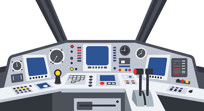 Modern Airplane Cockpit Interior with Advanced Digital Displays and Controls. Vector Illustrations. EPS Editable