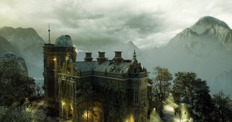 Illuminated mountain castle glowing through fog with warm window lights and graceful turrets. Serene valley and mistwreathed ridgelines frame tranquil © icetray