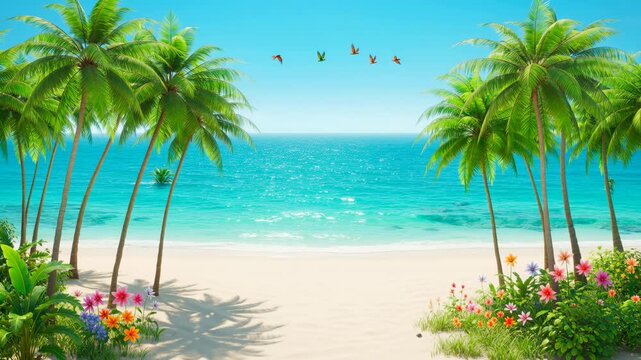 Serene tropical beach paradise with palm trees azure water and exotic flowers vacation and relaxation background
