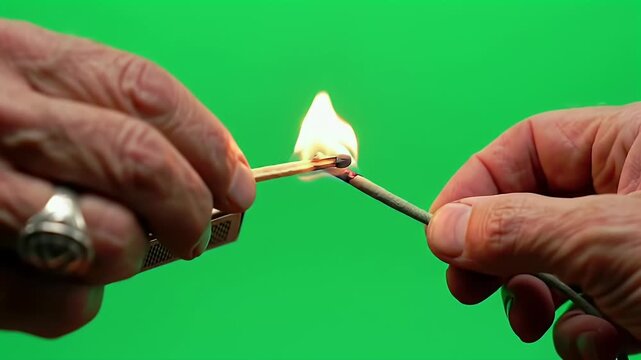 Close-up of two hands lighting a matchstick with a lighter against a green screen background.