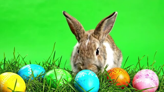 Easter background with rabbits,eggs and green grass on green screen background