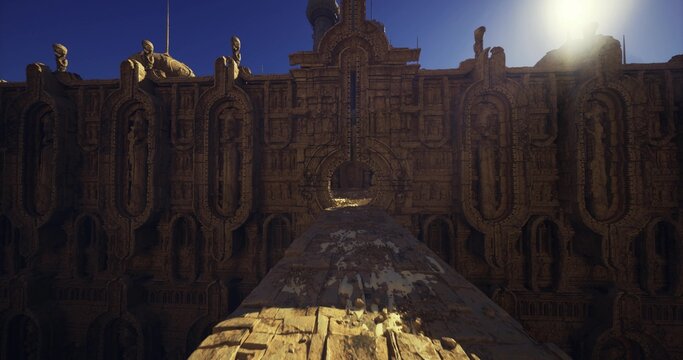 noon sun illuminates carved facade, massive reliefs cast dramatic shadows, texture and pattern reveal craftsmanship, imagined researcher studying iconography
