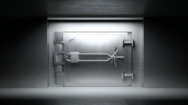 impregnable. A massive steel vault door with a narrow slit of light escaping from the seam in a dark room. real-estate listings.
