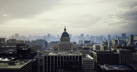 Obraz premium historic capitol preserved amid modern skyline, conservation perspective emphasizing heritage value, restoration potential and cultural narrative, suited